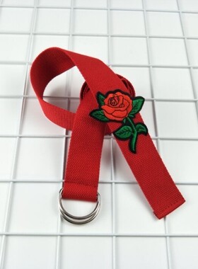 玫瑰花刺绣帆布白色双环扣红腰带