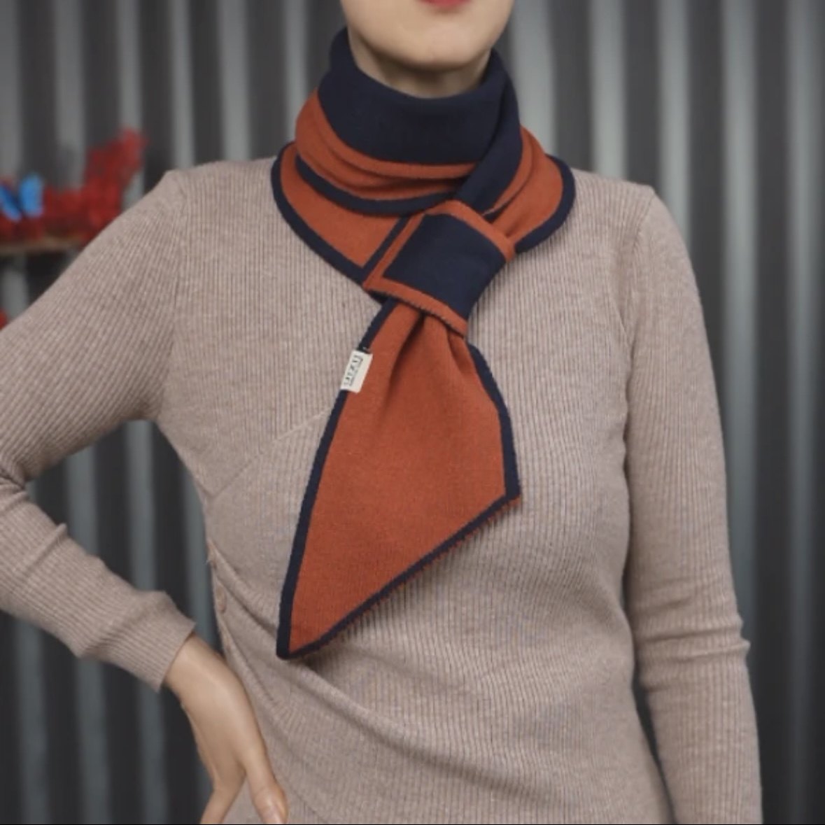秋冬护颈针织小围脖保暖脖套双色双面领巾小长条撞色新年红耳朵巾,淘宝优惠券,粉丝福利购,淘宝优惠卷