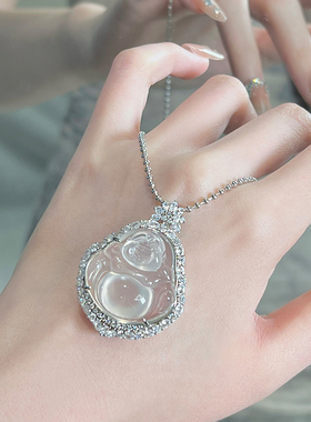 高冰925银玉髓佛公女项链