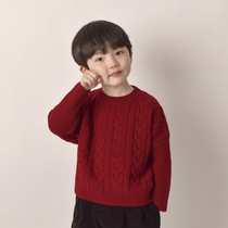 (100% wool) Child sweater boy 2023 new pure goat sweater New Year red thickened round collar hit bottom