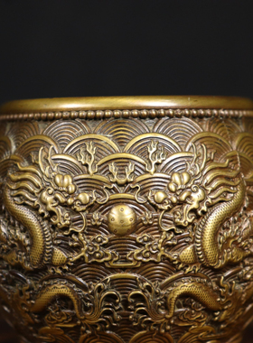 纯铜二龙戏珠缸招财龙缸仿古明清黄铜古典招财礼品桌面摆件