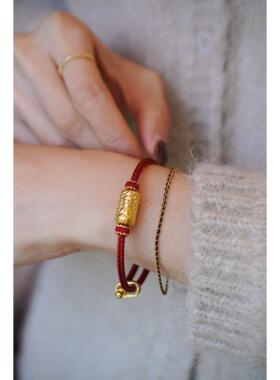 马年足金999黄金八大守护佛桶珠钢丝手绳新年礼物生肖红绳