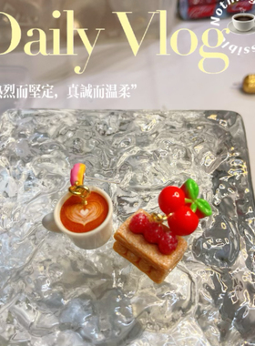 原创手工草莓拿破仑耳环925银针仿真cake小蛋糕拿铁咖啡蚊香耳夹
