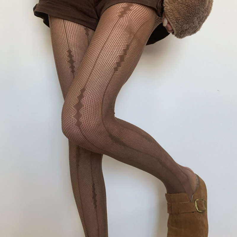 秋天网格性感咖棕色连裤丝袜美拉德镂空ins个性竖条蕾丝打底丝袜,淘宝优惠券,粉丝福利购,淘宝优惠卷