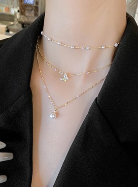 迷人饰品 韩版新款珍珠吊坠项链气质蝴蝶小众设计多层毛衣链颈链
