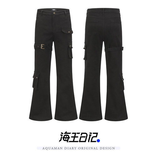 海王日记绑带裤美式ro小众vibe显瘦微喇长裤设计多口袋工装长裤子 - 图3