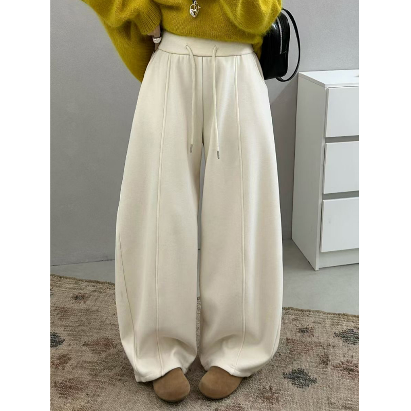 高腰抽绳加绒加厚阔腿休闲裤女冬新款百搭韩版宽松弯刀裤运动卫裤,淘宝优惠券,粉丝福利购,淘宝优惠卷