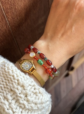 本命年红玛瑙天然石古物配色手串