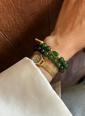 绿檀木镶嵌五条经文绿玉髓手链