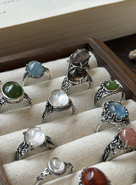 紫水晶海蓝宝幽灵南红镶银托戒指