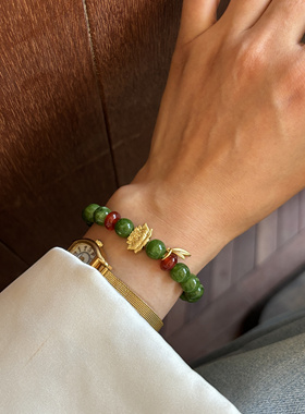 青玉灰玛瑙搭配檀木古风双圈手链