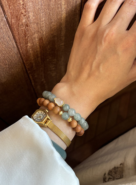 一抹青山 原创自制新中式南方玉芭比檀木缅甸玉双圈手链天然石串