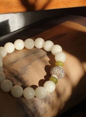 女绿檀木白玉复古气质手链菩提