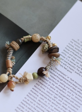 新中式原创自制国风月光石檀木手工编绳双圈叠戴手链手串弹力绳