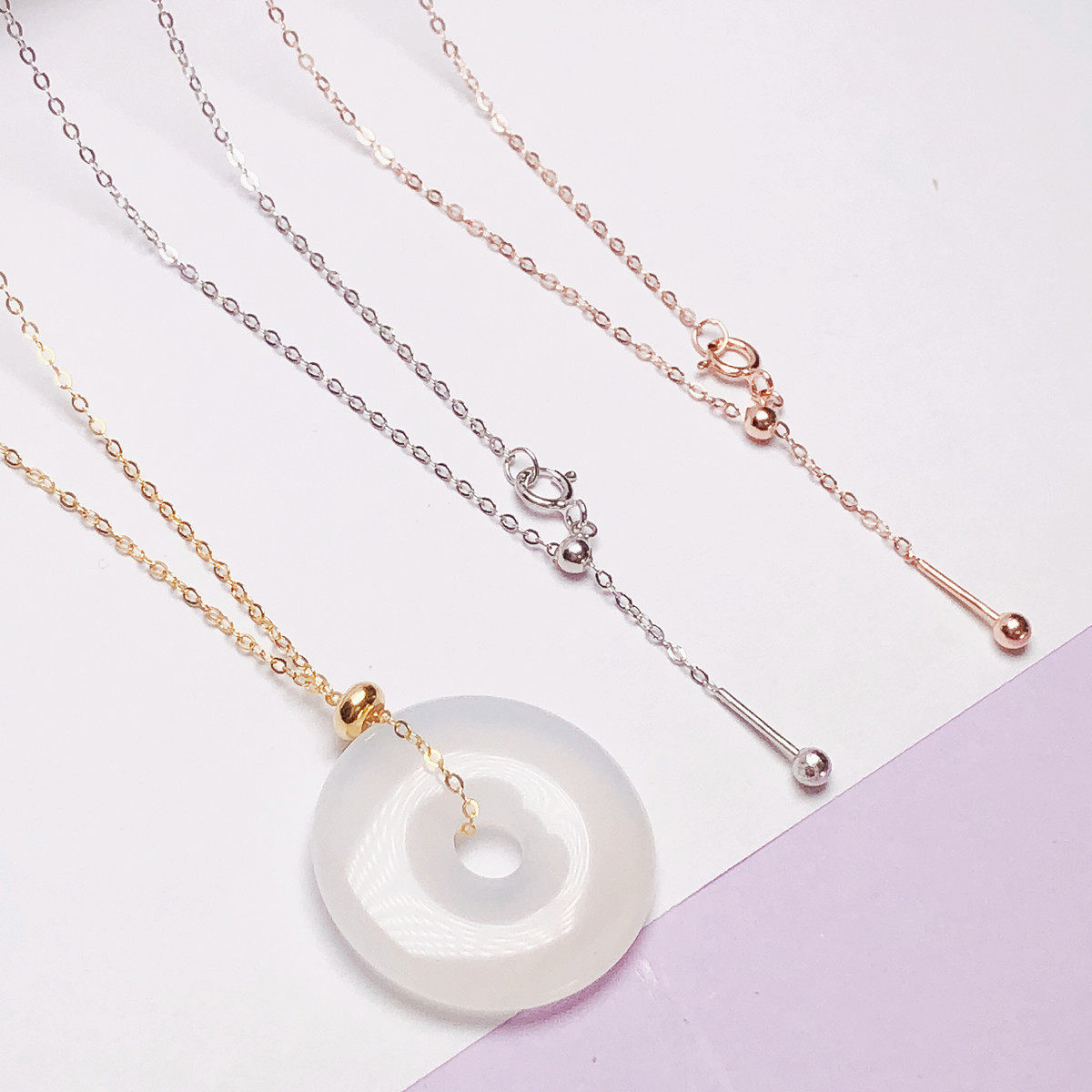 穿针项链穿平安扣s925纯银镀18k防脱款针式项链O字链可调节锁骨链,淘宝优惠券,粉丝福利购,淘宝优惠卷