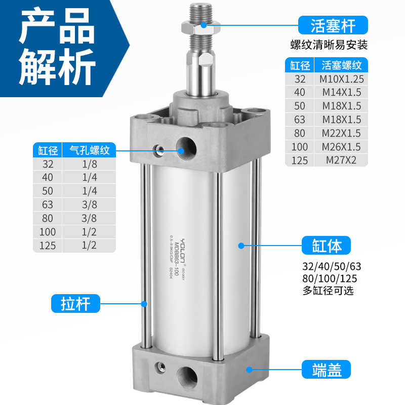 标准气缸铝合金长行程加长型JSI气动配件MDBB/MDB/MB32-50/75/100 - 图3