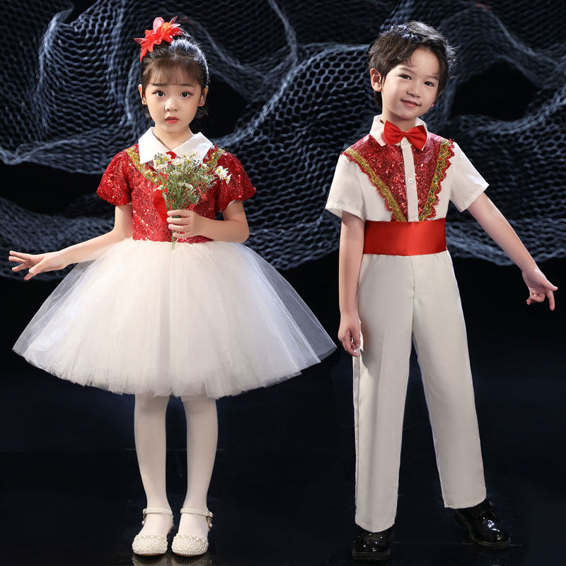儿童合唱演出服男女童舞蹈礼服纱裙主持人小学生朗诵元旦表演服装 - 图1