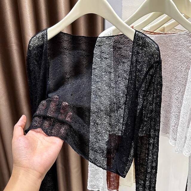 Anchor ສີແດງ lace cardigan ສໍາລັບແມ່ຍິງ, ສິ້ນ suspender ປ້ອງກັນແສງແດດສູງ, blouse ຕາຫນ່າງບາງໆ shawl ສໍາລັບພາກຮຽນ spring