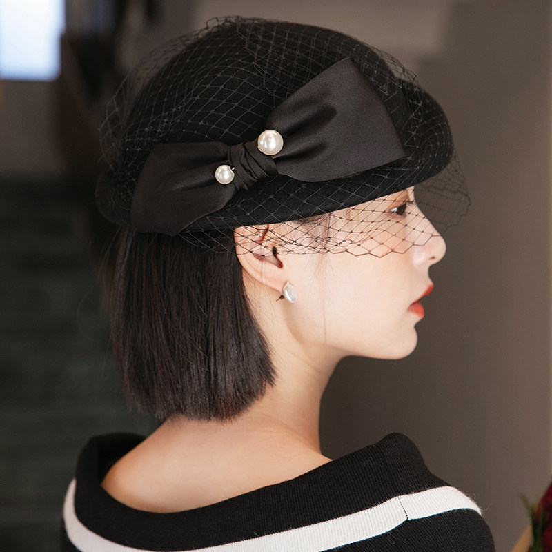 法式黑色网纱复古羊毛毡帽贝雷帽 mauropoli帽子