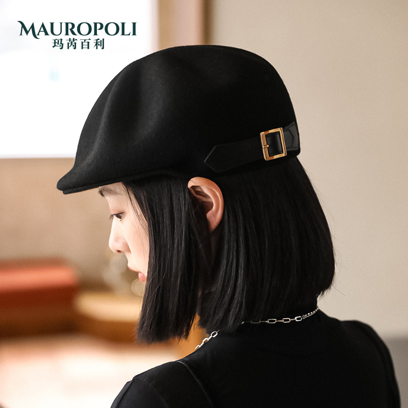羊毛贝雷帽秋冬黑色复古优雅鸭舌帽 mauropoli帽子