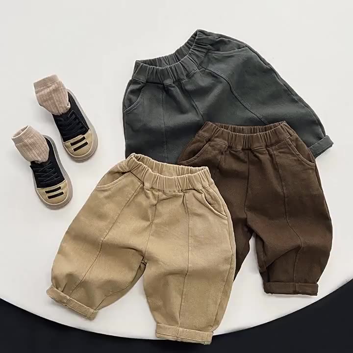 冬季新款儿童抓绒长裤男女童韩版日系薄绒休闲裤宝宝装简约百搭裤 - 图0