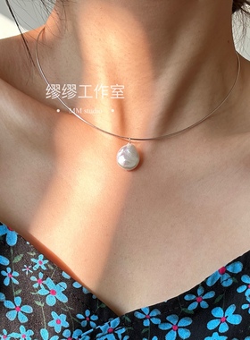 925纯银回弹项圈天然淡水珍珠不规则巴洛克大石头锁骨项链礼物