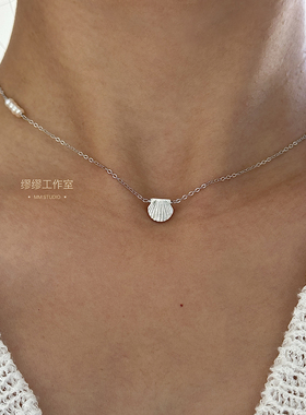 ins风贝壳项链气质925纯银锁骨链配饰2025年新款小珍珠叠戴绿松石