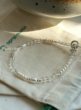 清新白水晶淡水珍珠原创手链OT扣通体纯银手串叠戴新款串珠