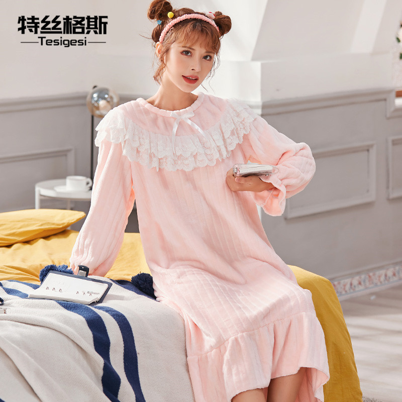 秋冬长袖甜美可爱公主风珊瑚绒睡衣 特丝格斯睡裙
