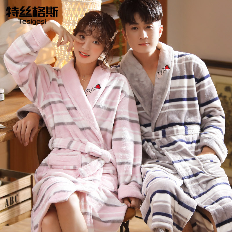 秋冬季情侣加长款法兰绒珊瑚绒睡衣 特丝格斯睡袍/浴袍