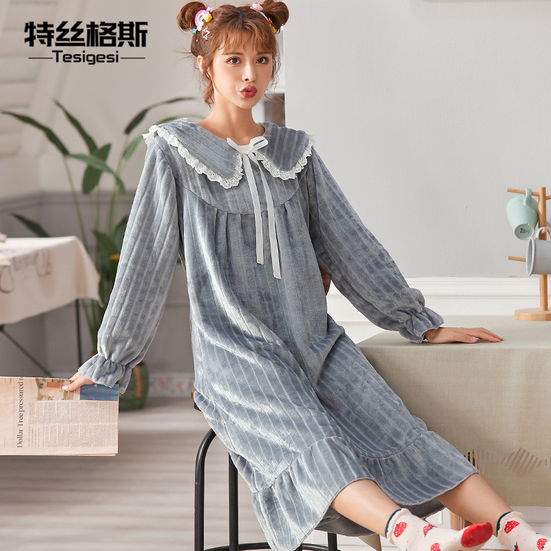 公主风秋冬珊瑚绒长袖甜美可爱睡裙 特丝格斯睡裙