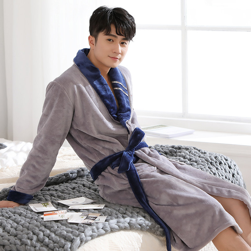 秋冬季法兰绒情侣加长款男士睡袍 特丝格斯睡袍/浴袍