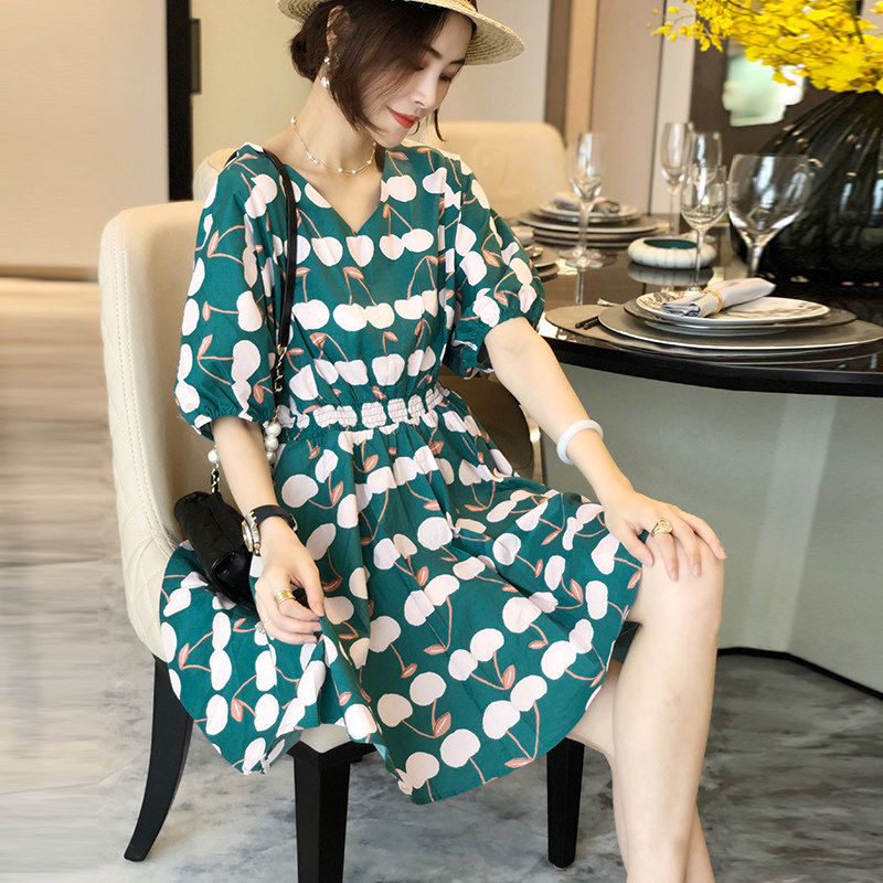 欧洲站樱桃碎花女2020夏新款连衣裙 哥雅宁特连衣裙