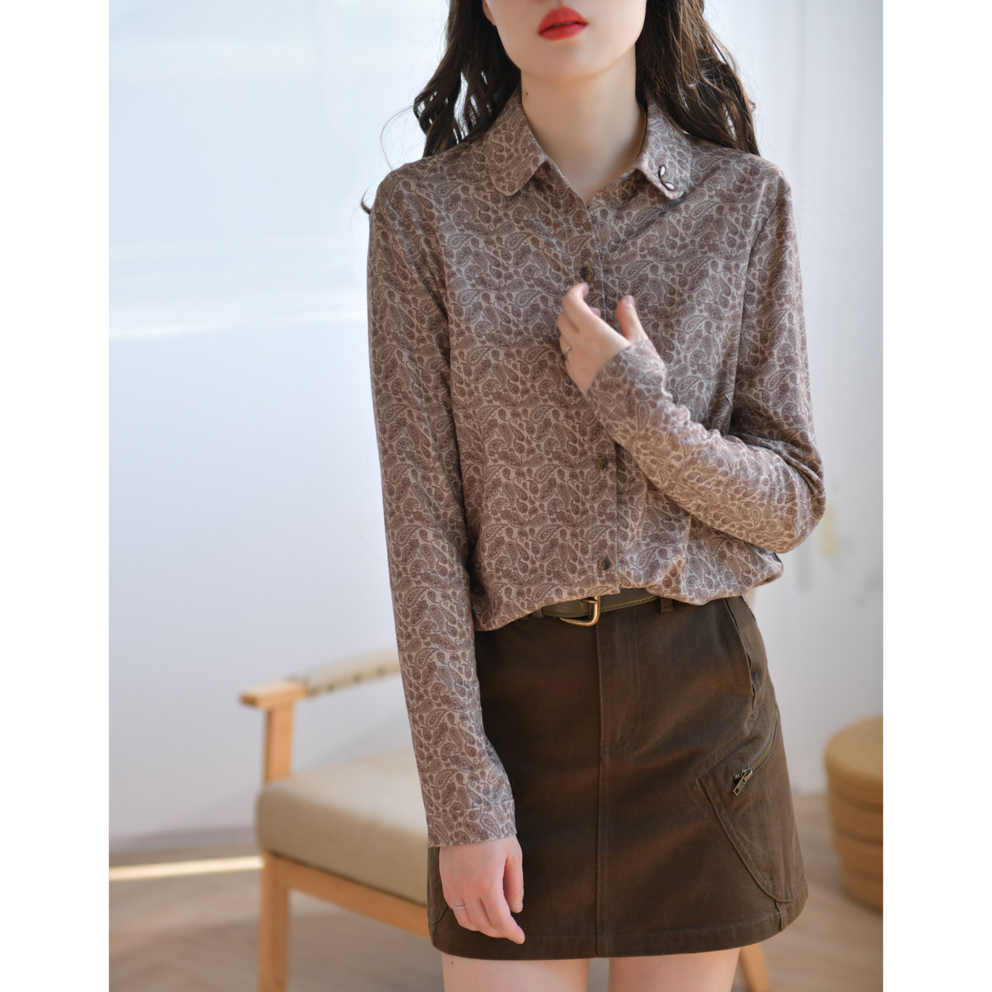 GESGOO复古文艺腰果花长袖上衣女秋季内搭休闲翻领含亚麻衬衫显瘦