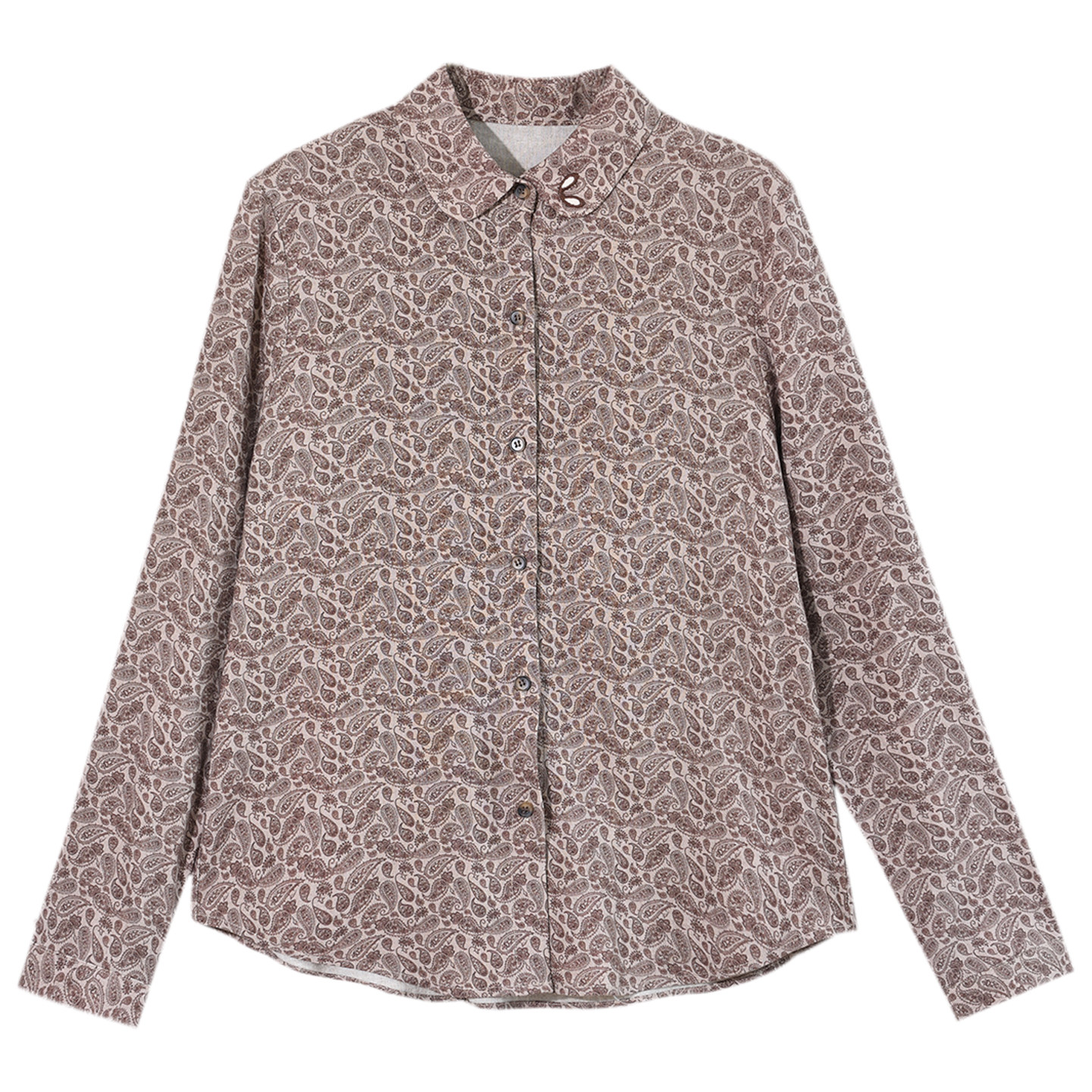 GESGOO复古文艺腰果花长袖上衣女秋季内搭休闲翻领含亚麻衬衫显瘦