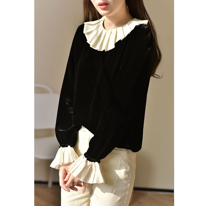 黑色金丝绒女上衣春装2022年衬衫 gesgoo衬衫