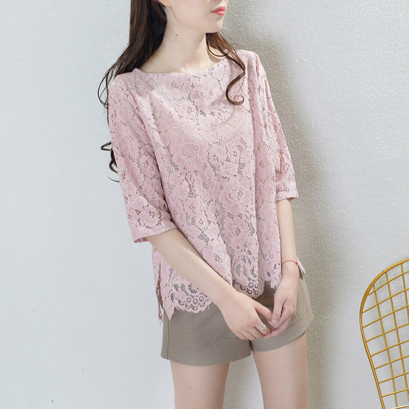 镂空春秋粉色一字领洋气小衫中袖 gesgoo蕾丝衫/雪纺衫