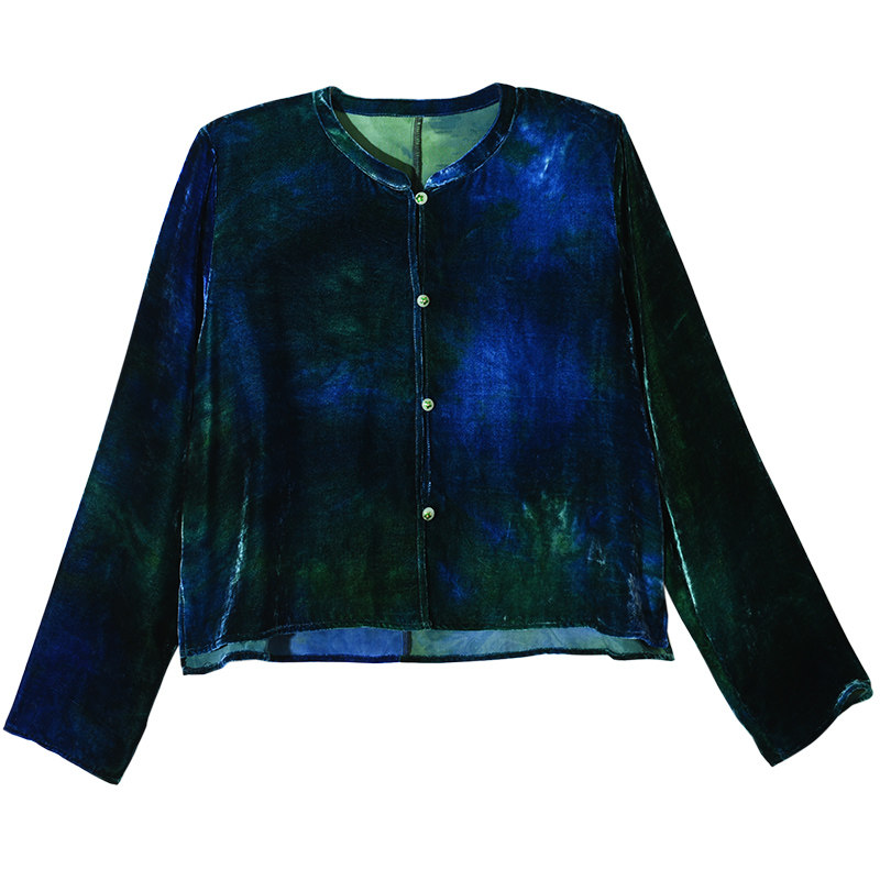 GESGOO蓝绿晕染真丝绒短款外套女秋季2025新款国风珠扣新中式上衣,淘宝优惠券,粉丝福利购,淘宝优惠卷