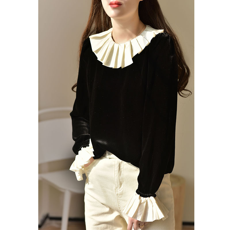 黑色金丝绒女上衣春装2022年衬衫 gesgoo衬衫