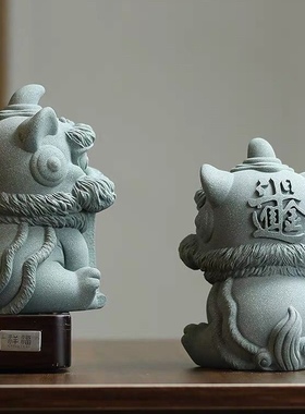 国潮狮子看门开口家用门口镇宅迷你摆件仿青石石狮子送礼祈福摆件