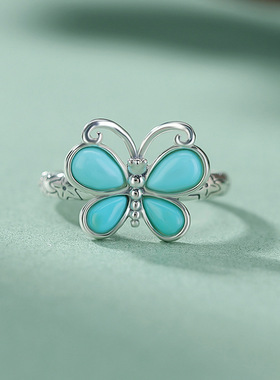 S925纯银绿松石戒指蝴蝶复古百搭气质梅花小众设计女银指环