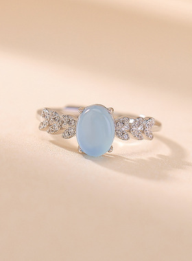 s925纯银海蓝宝麦穗蛋面精致轻奢感气质戒指开口银指环