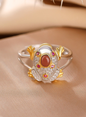 S925纯银镀金时尚个性金蟾戒指复古百搭气质开口指环银手饰