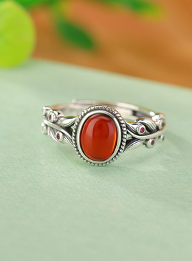 S925纯银血珀复古做旧民族风麦穗蛋面戒指国潮个性百搭指环