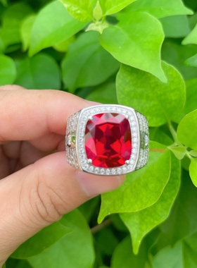 18k白金红蓝宝石戒指男彩宝镶嵌活口可调节铂金pt950男戒指送礼物