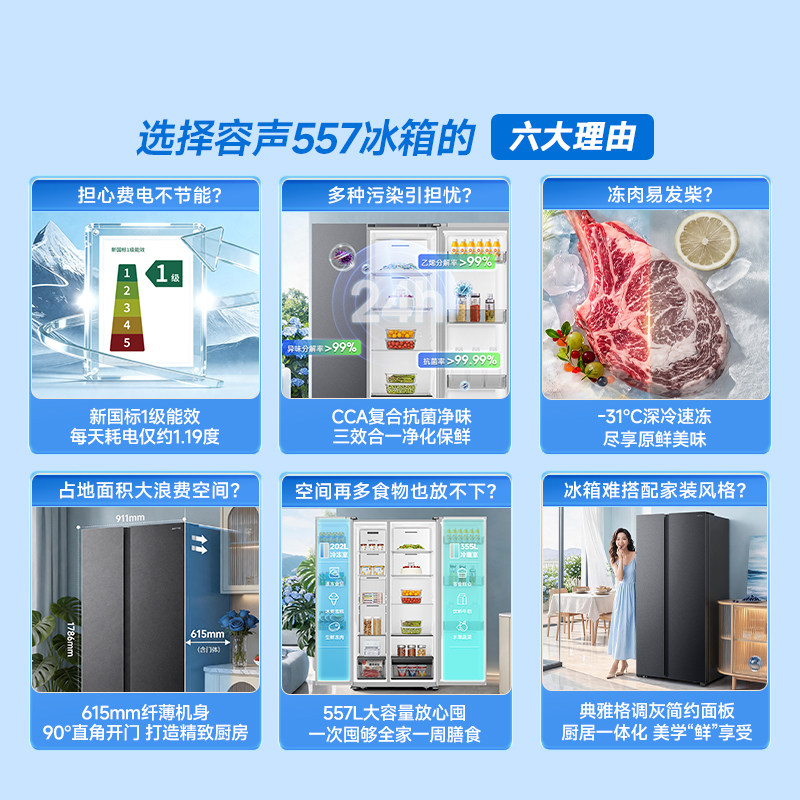 容声609L离子净味对开门大容量风冷家用一级变频超薄嵌入式电冰箱