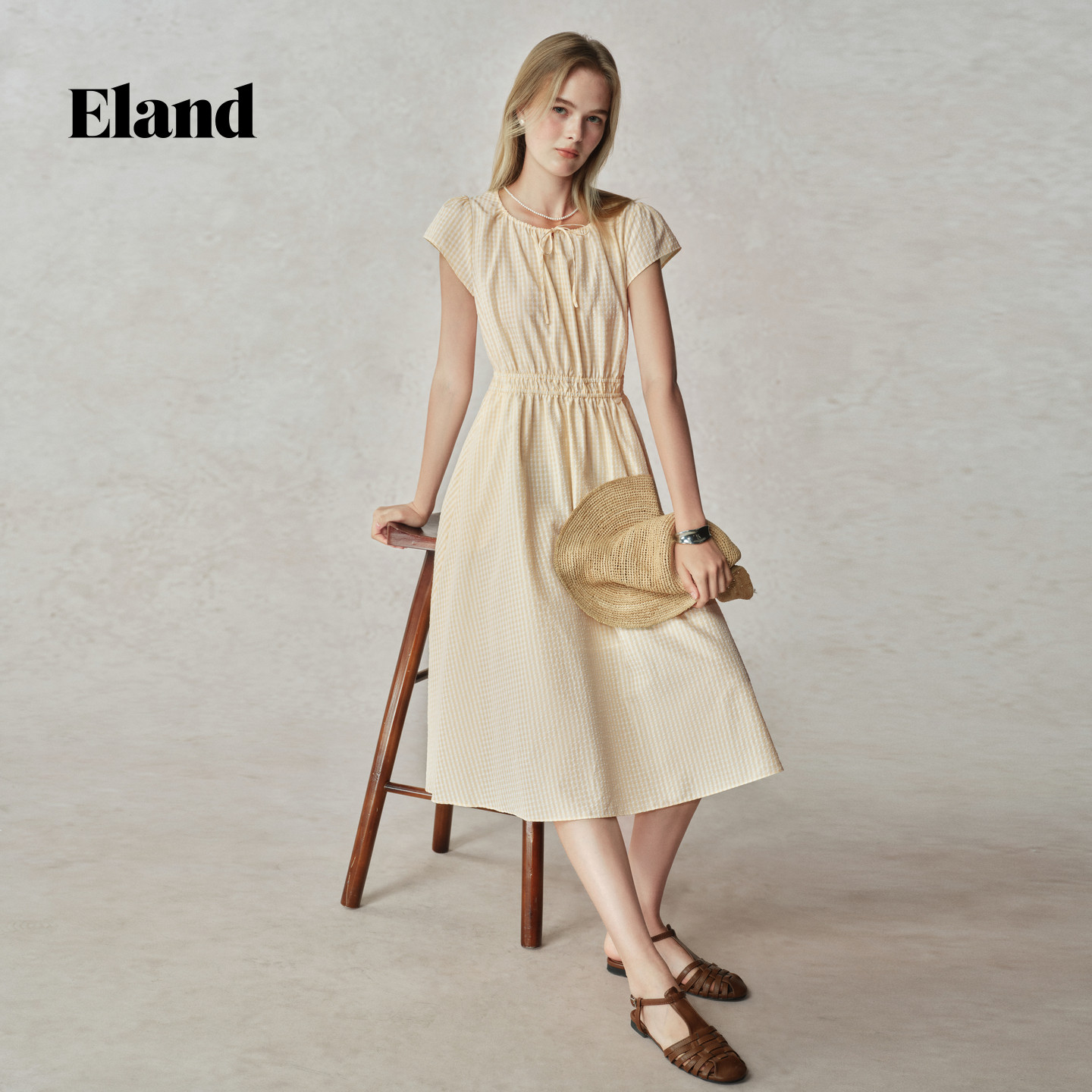 【风铃裙】Eland衣恋连衣裙女A摆收腰格纹中长裙透气25年夏新款