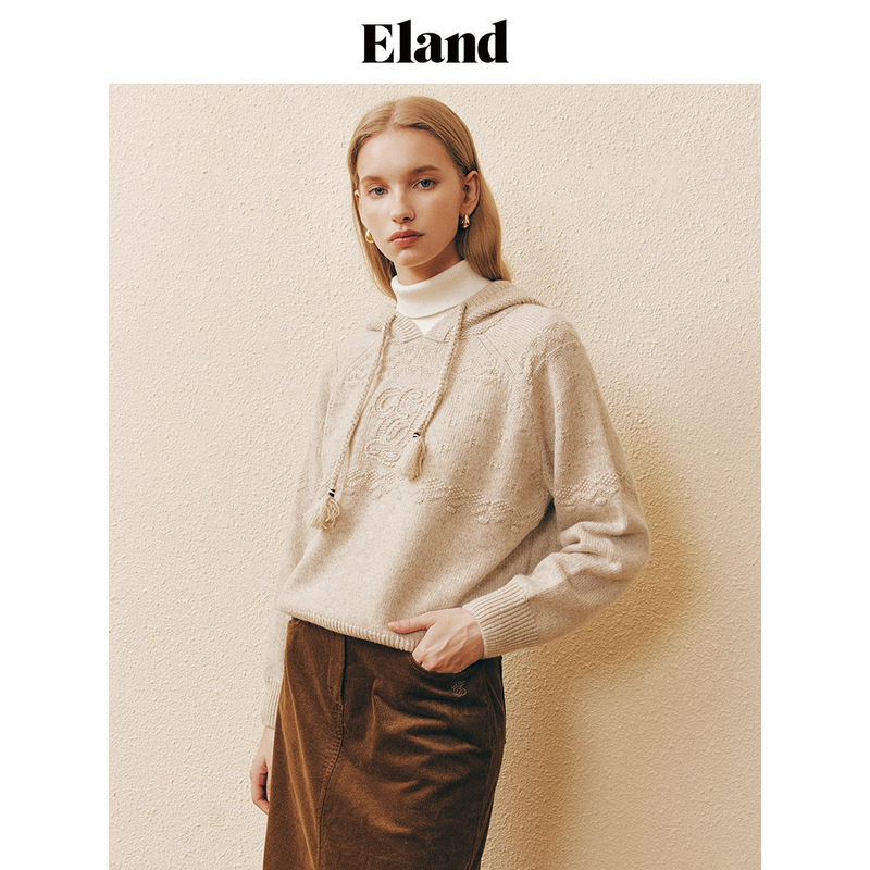 Eland衣恋毛衣女短款宽松手工绣LOGO流苏帽绳针织衫上衣春秋 - 图3