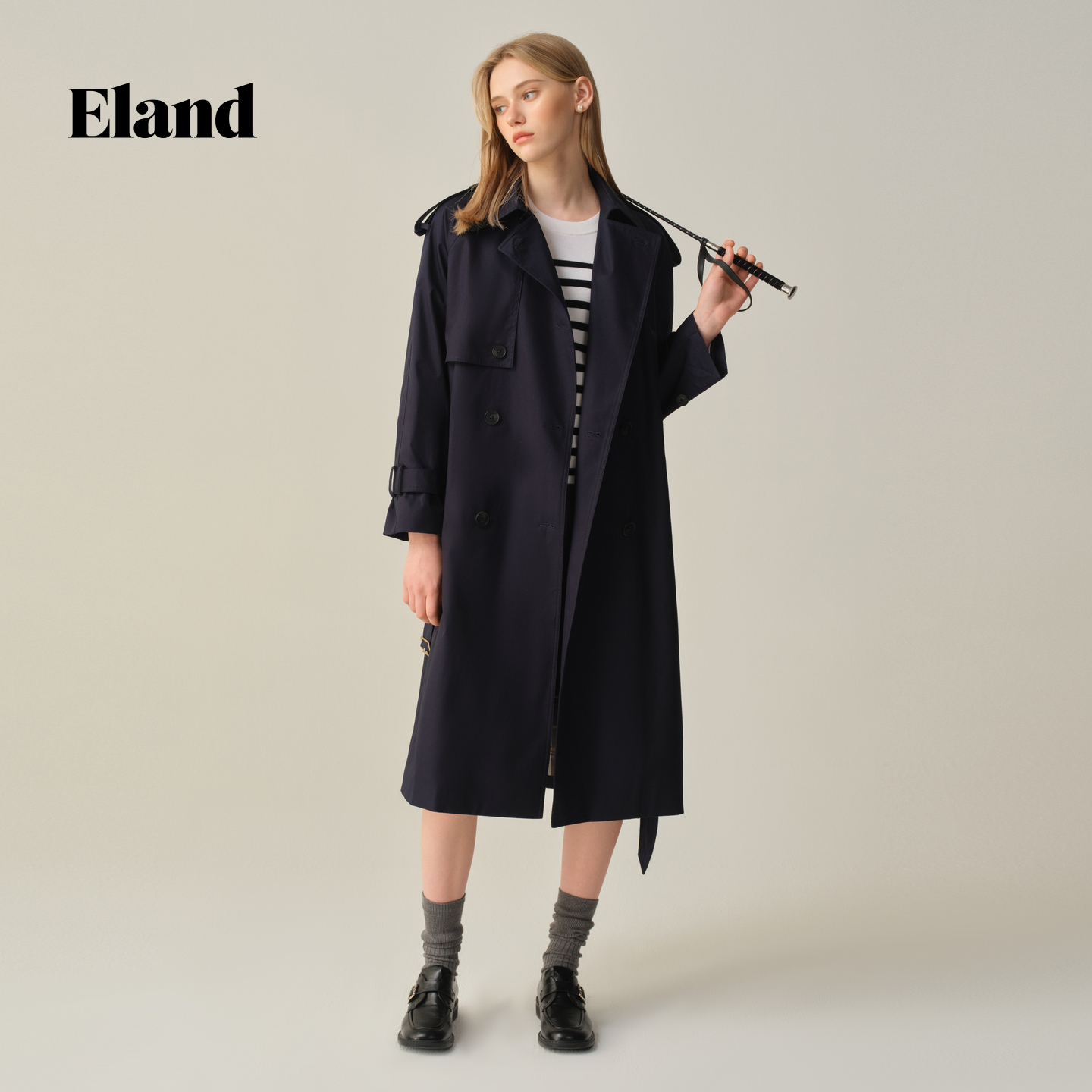 【100%棉】Eland衣恋风衣女英伦风双排扣外套2025秋季新款