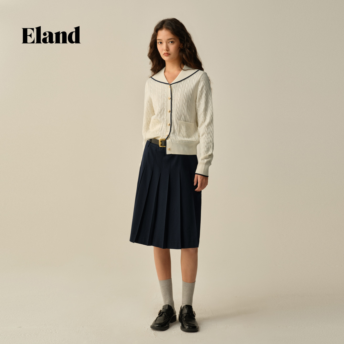 Eland衣恋毛针织衫女时尚撞色大翻领单排扣开衫2025冬季新款,淘宝优惠券,粉丝福利购,淘宝优惠卷